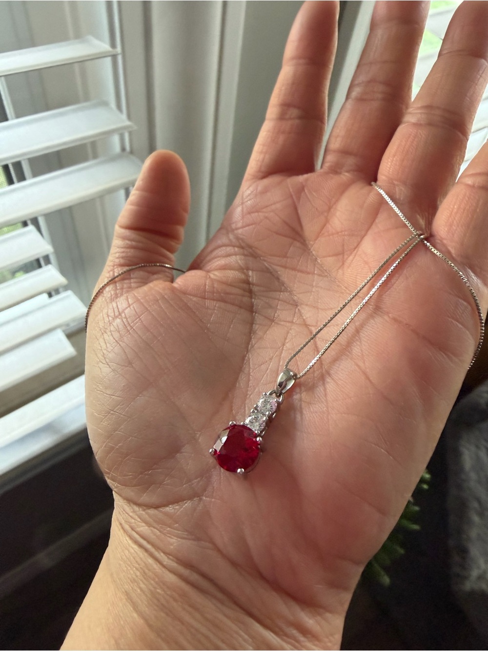 Italian Silver Necklace with Red and white stone pendant